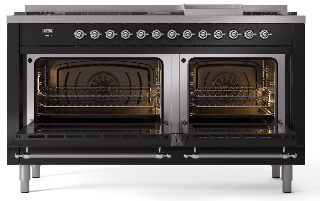 Nostalgie II 60 Inch Dual Fuel Liquid Propane Freestanding Range in Glossy Black with Chrome Trim