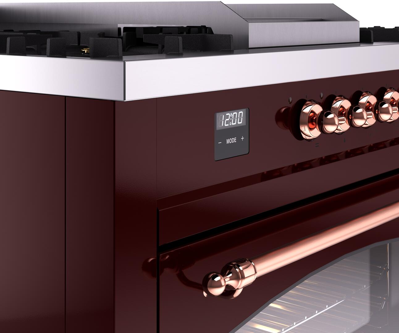 Nostalgie II 60 Inch Dual Fuel Liquid Propane Freestanding Range in Burgundy with Copper Trim