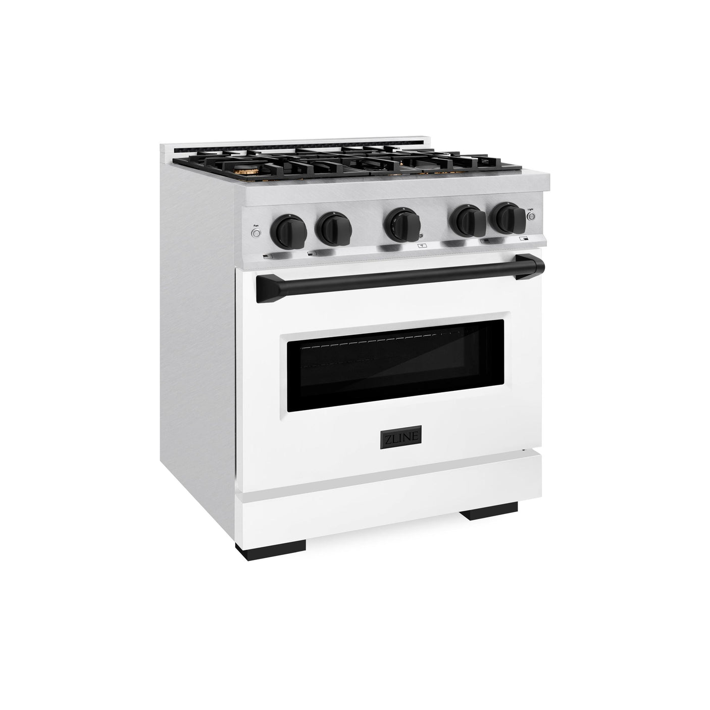 ZLINE Autograph Edition 30 in. 4.2 cu. ft. Classic Dual Fuel Range with 4 Burner Gas Cooktop and Electric Convection Oven in DuraSnow' Stainless Steel with White Matte Door and Matte Black Accents (CDRSZ-WM-30-MB)