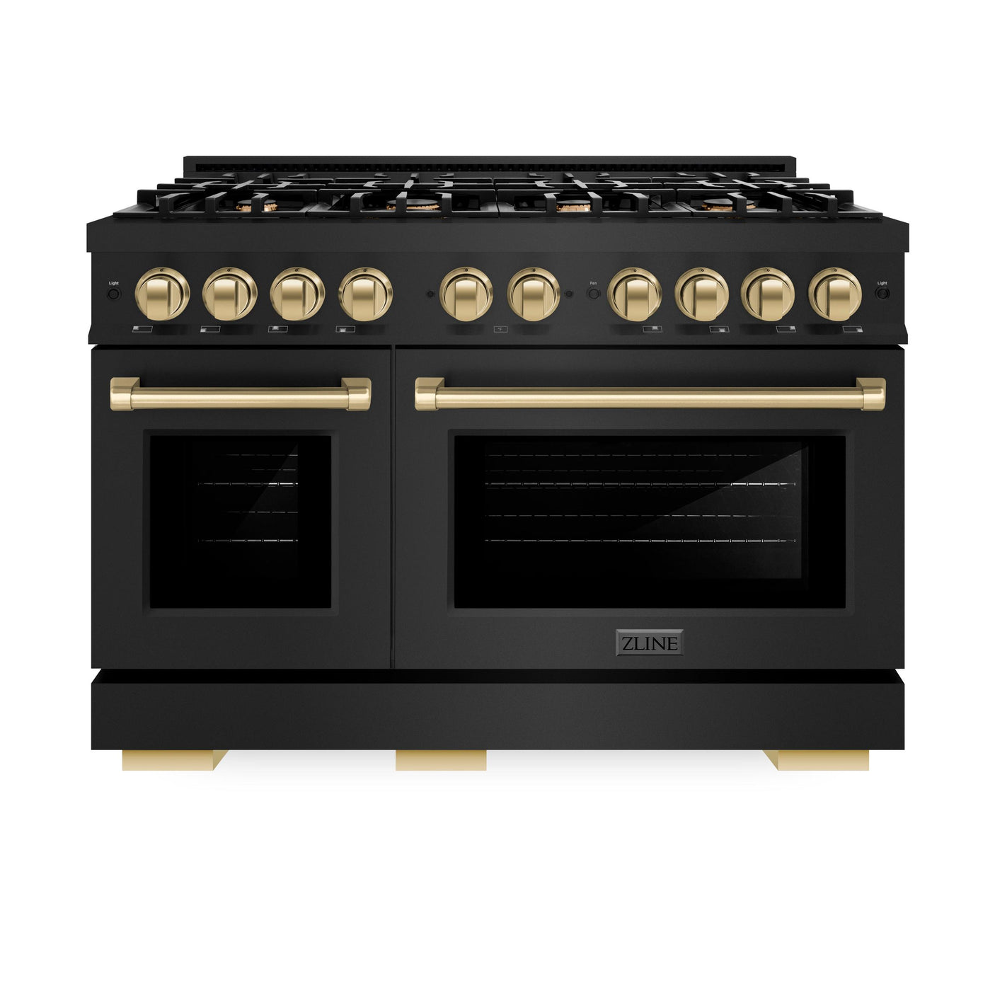 ZLINE Autograph Edition 48 in. 6.7 cu. ft. Select Double Oven Dual Fuel Range with 8 Burner Gas Cooktop in Black Stainless Steel and Champagne Bronze Accents (HDRBZ-48-CB)