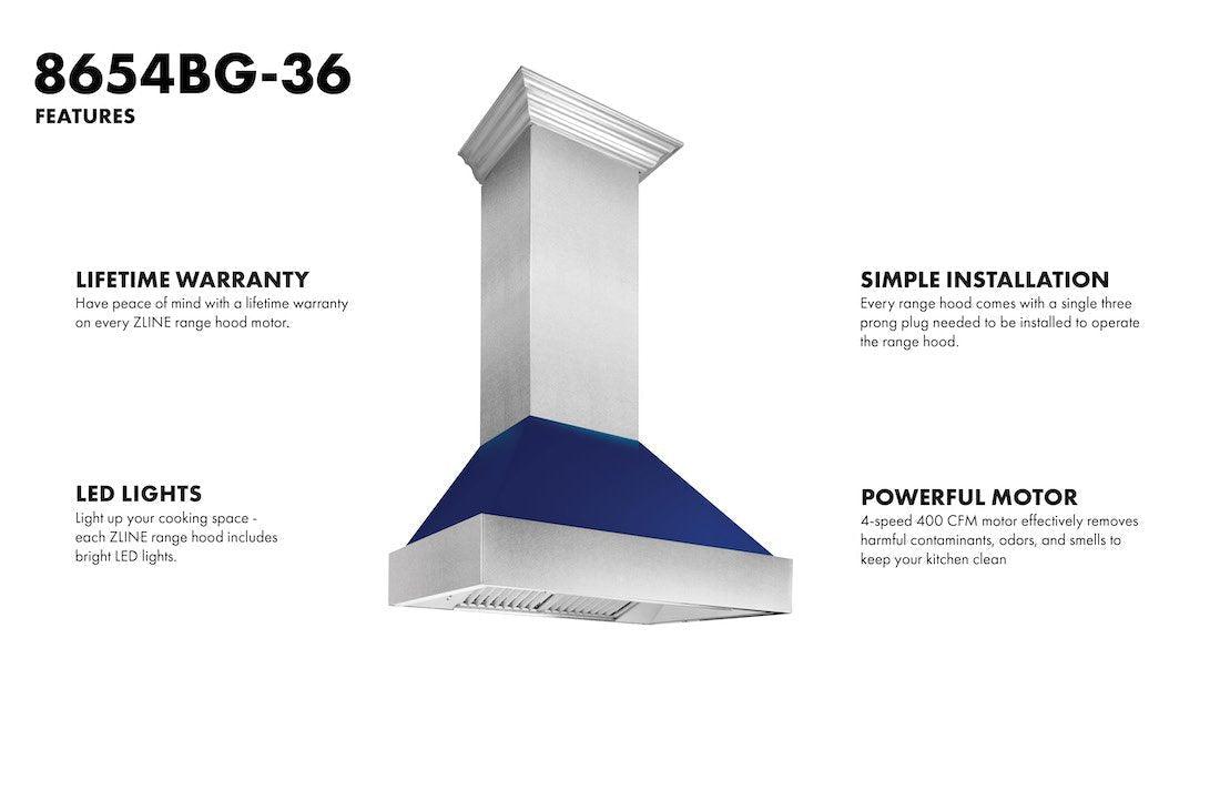 ZLINE Ducted DuraSnow Stainless Steel Range Hood with Blue Gloss Shell (8654BG)