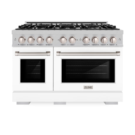 ZLINE 48 in. 6.7 cu. ft. Select Double Oven Dual Fuel Range with 8 Burner Gas Cooktop in DuraSnow' Stainless Steel with White Matte Doors (HDRS-WM-48)