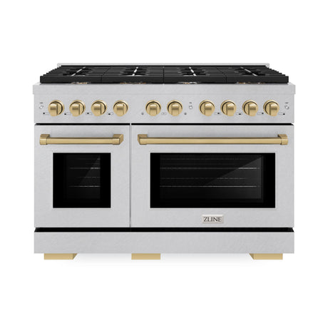 ZLINE Autograph Edition 48 in. 6.7 cu. ft. 8 Burner Double Oven Gas Range in DuraSnow' Stainless Steel and Champagne Bronze Accents (SGRSZ-48-CB)