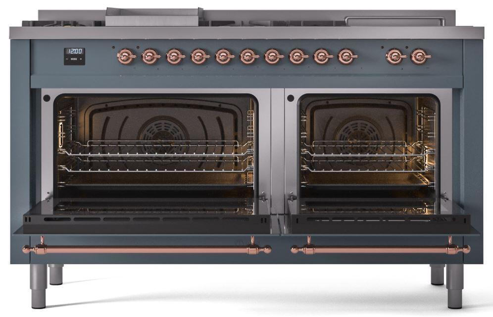 Nostalgie II 60 Inch Dual Fuel Liquid Propane Freestanding Range in Blue Grey with Copper Trim