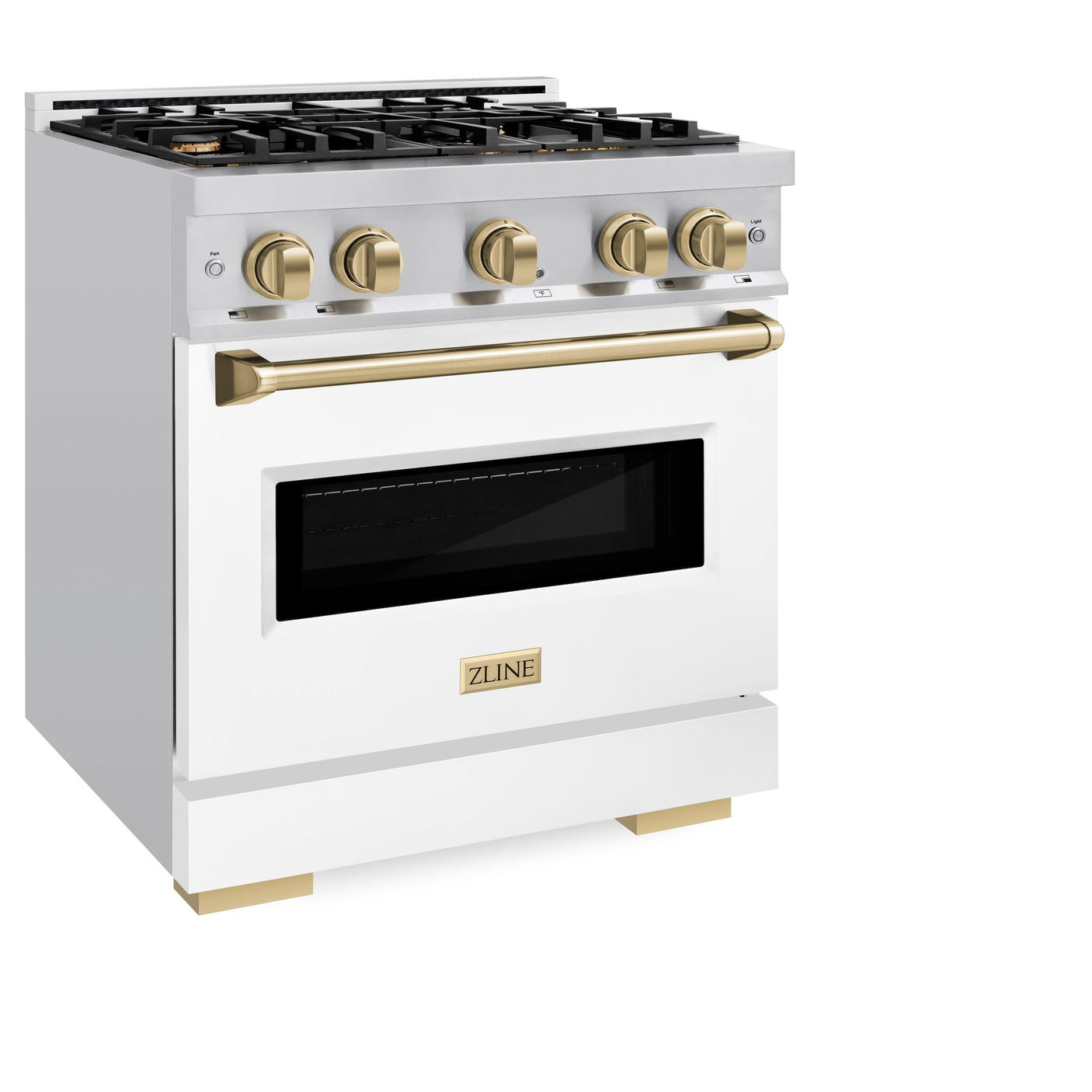 ZLINE Autograph Edition 30 in. 4.2 cu. ft. Classic Dual Fuel Range with 4 Burner Gas Cooktop and Electric Convection Oven in Stainless Steel with White Matte Door and Champagne Bronze Accents (CDRZ-WM-30-CB)