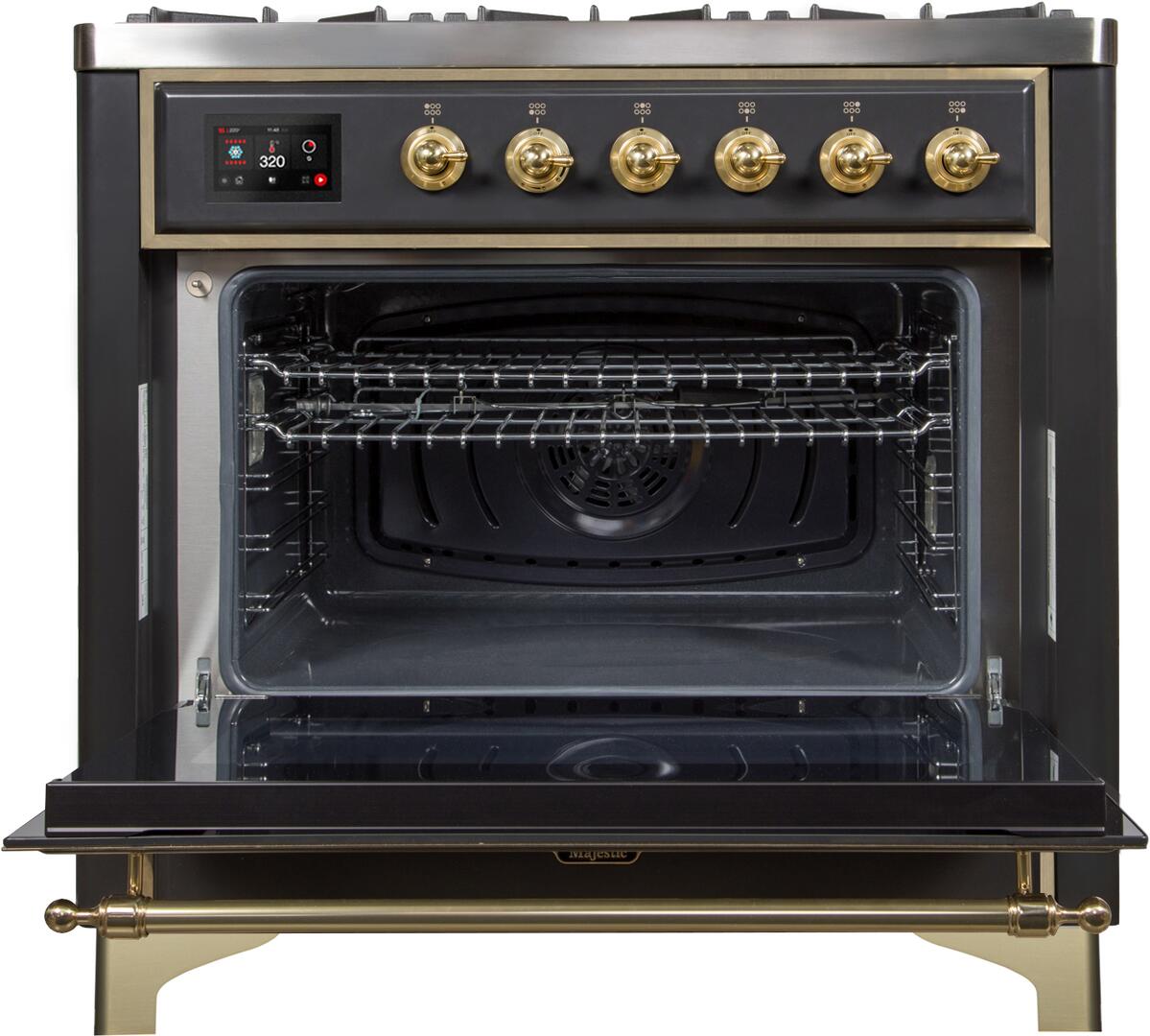 Majestic II 36 Inch Dual Fuel Natural Gas Freestanding Range in Matte Graphite with Brass Trim