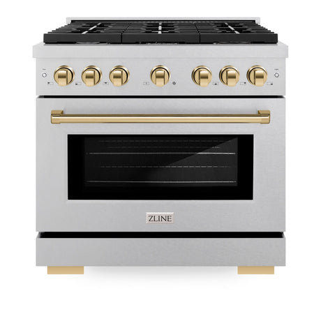 ZLINE Autograph Edition 36 in. 5.2 cu. ft. 6 Burner Gas Range with Convection Gas Oven in DuraSnow' Stainless Steel and Polished Gold Accents (SGRSZ-36-G)