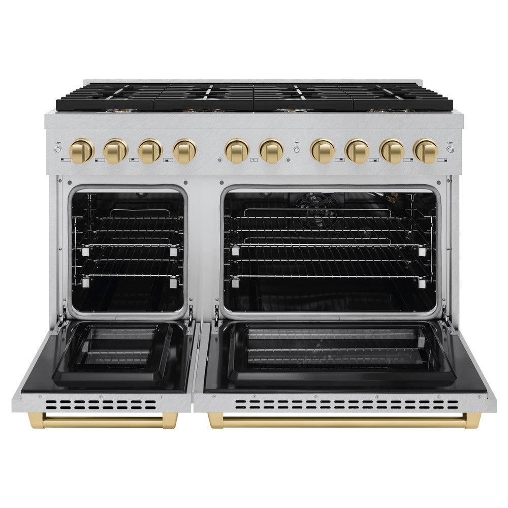 ZLINE Autograph Edition 48 in. 6.7 cu. ft. Paramount Double Oven Dual Fuel Range with 8 Burner Gas Cooktop in DuraSnow' Stainless Steel and Champagne Bronze Accents (SDRSZ-48-CB)