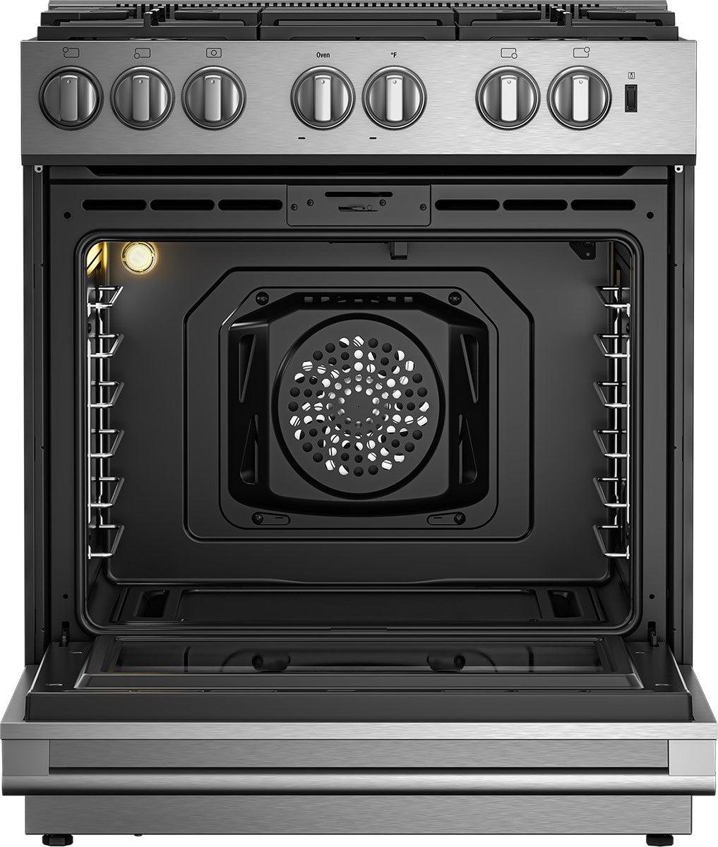 30in Gas 5 Burner range with 5.7 cu ft self clean oven, slide-in style