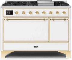 Majestic II 48 Inch Dual Fuel Natural Gas Freestanding Range in White with Brass Trim