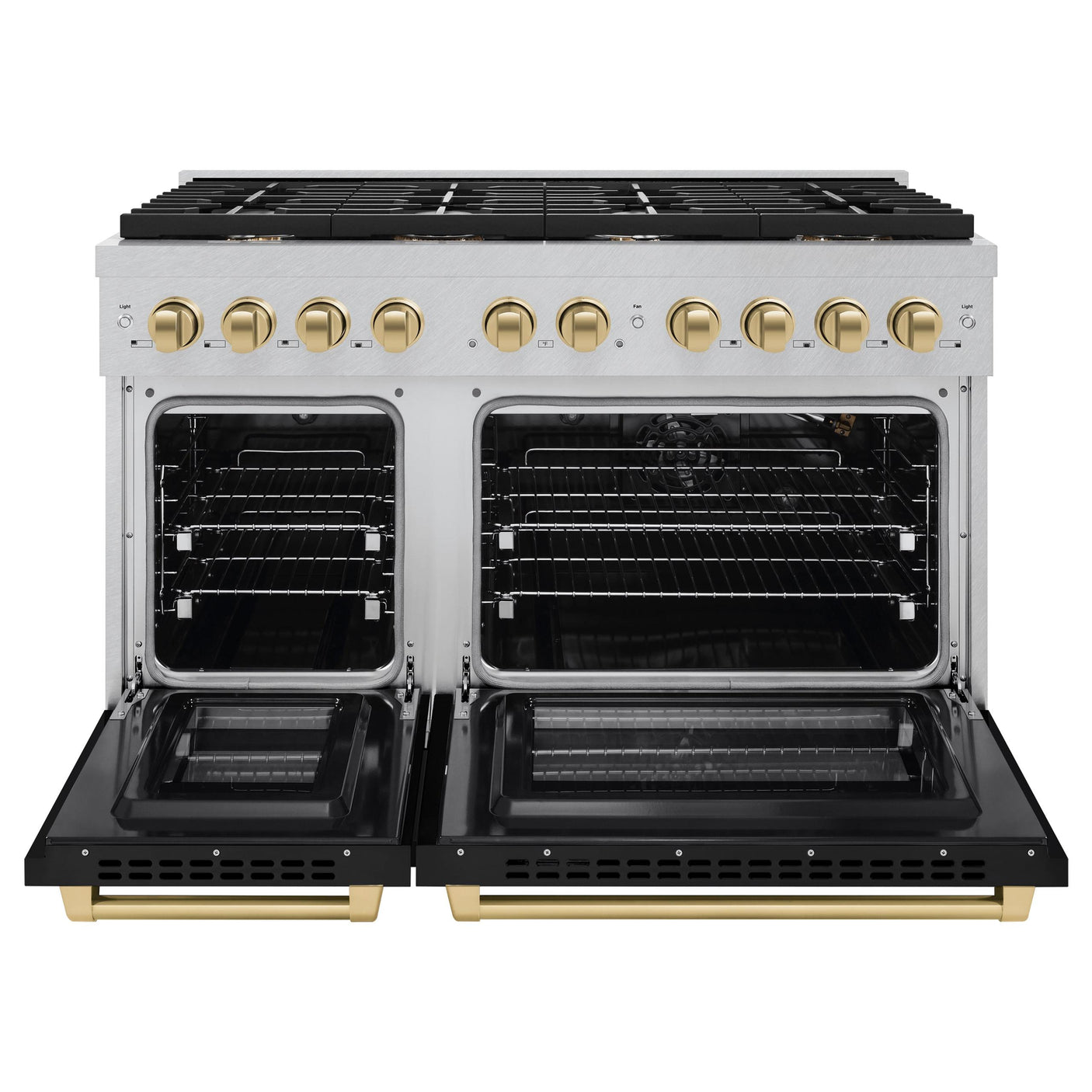 ZLINE Autograph Edition 48 in. 6.7 cu. ft. Paramount Double Oven Gas Range with 8 Burner Cooktop in DuraSnow' Stainless Steel with Black Matte Doors and Champagne Bronze Accents (SGRSZ-BLM-48-CB)