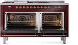 Nostalgie II 60 Inch Dual Fuel Liquid Propane Freestanding Range in Burgundy with Brass Trim