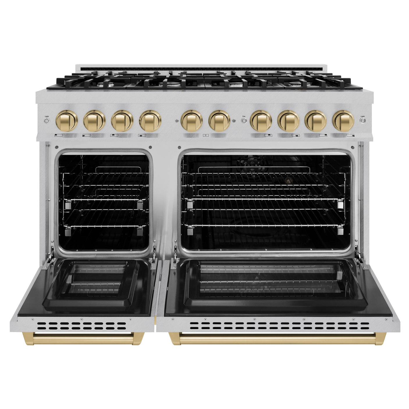 ZLINE Autograph Edition 48 in. 6.7 cu. ft. Select Double Oven Dual Fuel Range with 8 Burner Gas Cooktop in DuraSnow' Stainless Steel and Champagne Bronze Accents (HDRSZ-48-CB)