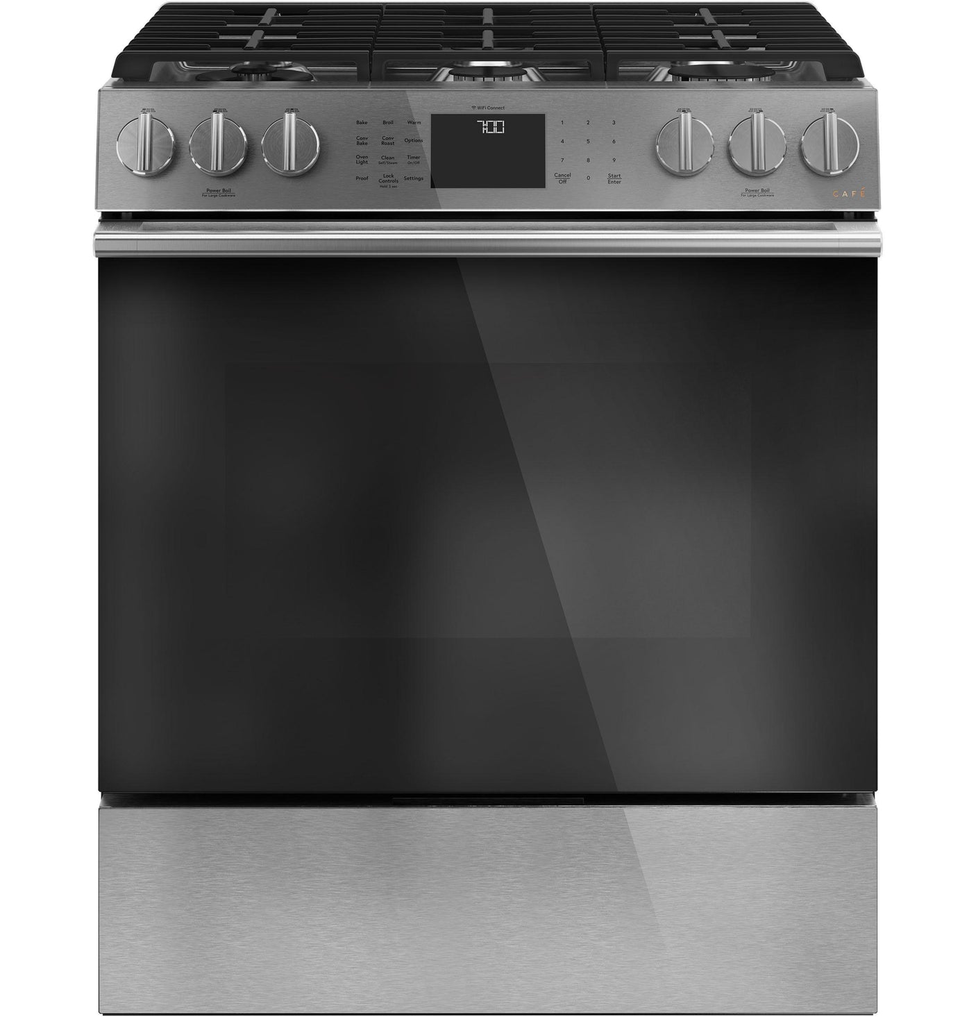 Café™ 30" Smart Slide-In, Front-Control, Gas Range with Convection Oven in Platinum Glass