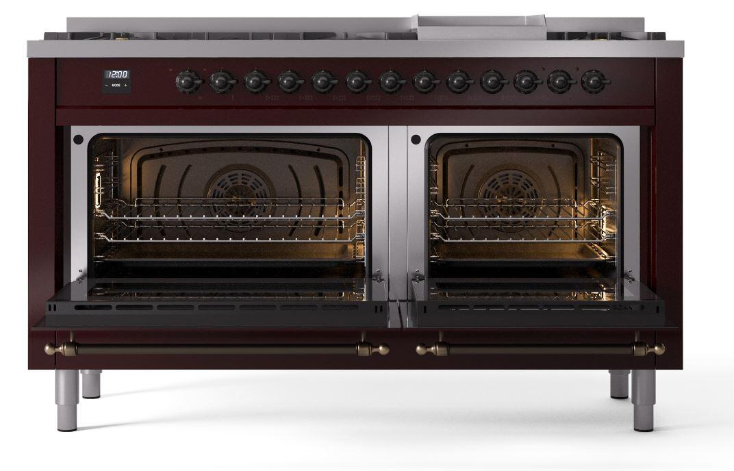 Nostalgie II 60 Inch Dual Fuel Liquid Propane Freestanding Range in Burgundy with Bronze Trim