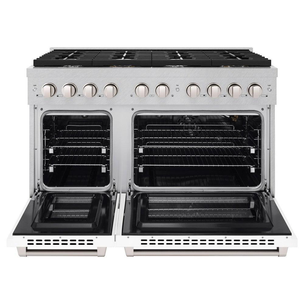 ZLINE 48 in. 6.7 cu. ft. Paramount Double Oven Dual Fuel Range with 8 Burner Gas Cooktop in DuraSnow' Stainless Steel with White Matte Doors (SDRS-WM-48)