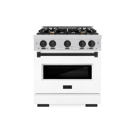 ZLINE Autograph Edition 30 in. 4.2 cu. ft. Classic Gas Range with 4 Burner Cooktop and Convection Gas Oven in Stainless Steel with White Matte Door and Matte Black Accents (CGRZ-WM-30-MB)