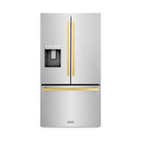 ZLINE 36 in. Autograph Edition 21.6 cu. ft 4-Door French Door Refrigerator with Water and Ice Dispenser in Stainless Steel with Polished Gold Modern Handles (RFMZ-W-36-FG)