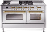 Nostalgie II 60 Inch Dual Fuel Natural Gas Freestanding Range in Stainless Steel with Brass Trim