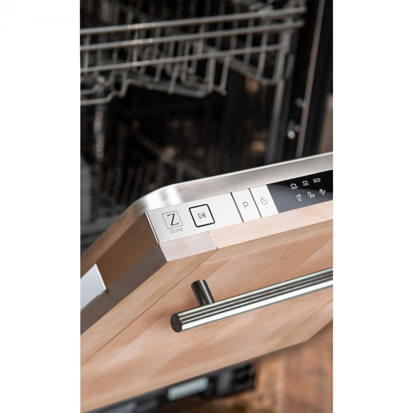 ZLINE 18 in. Compact Top Control Dishwasher with Stainless Steel Tub and Modern Style Handle, 52 dBa (DW-18) [Color: Unfinished Wood]