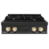 ZLINE Autograph Edition 30" Porcelain Rangetop with 4 Gas Burners in Black Stainless Steel and Polished Gold Accents (RTBZ-30-G)