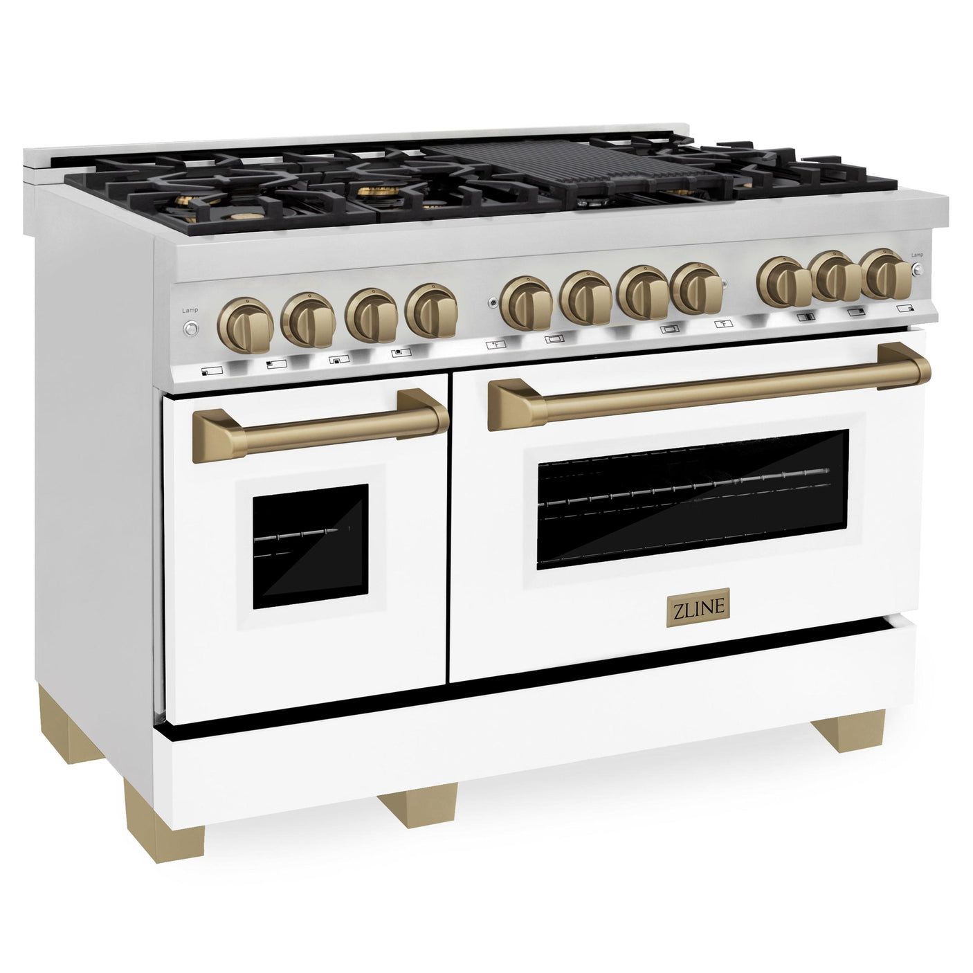 ZLINE Autograph Edition 48" 6.0 cu. ft. Dual Fuel Range with Gas Stove and Electric Oven in Stainless Steel with White Matte Door with Accents (RAZ-WM-48) [Color: Champagne Bronze]