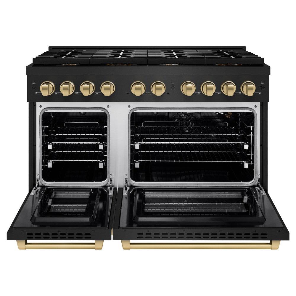 ZLINE Autograph Edition 48 in. 6.7 cu. ft. Paramount Double Oven Dual Fuel Range with 8 Burner Gas Cooktop in Black Stainless Steel and Champagne Bronze Accents (SDRBZ-48-CB)