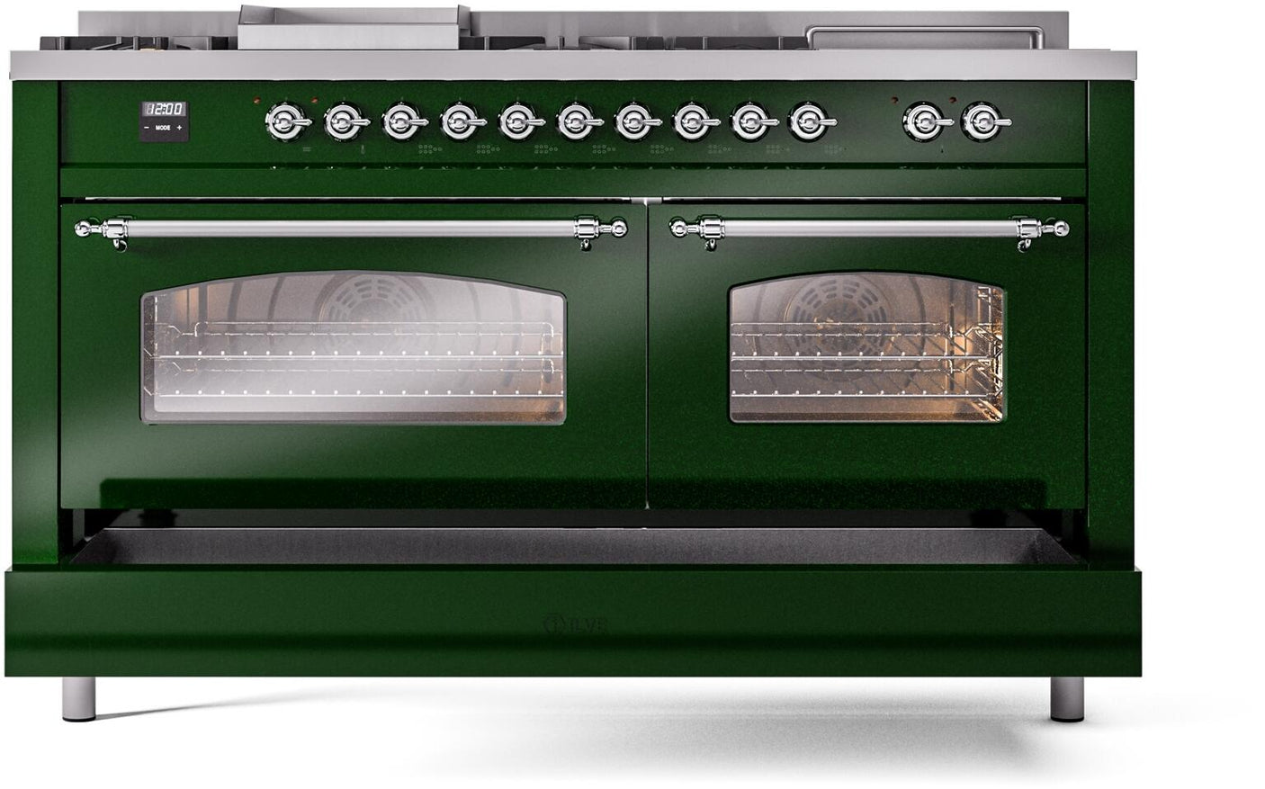 Nostalgie II 60 Inch Dual Fuel Natural Gas Freestanding Range in Emerald Green with Chrome Trim