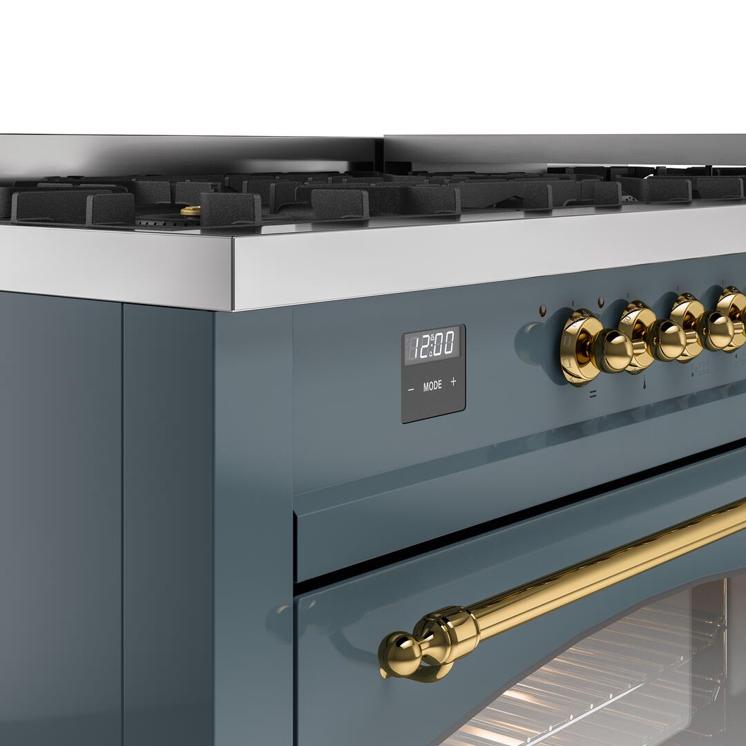 Nostalgie II 60 Inch Dual Fuel Natural Gas Freestanding Range in Blue Grey with Brass Trim