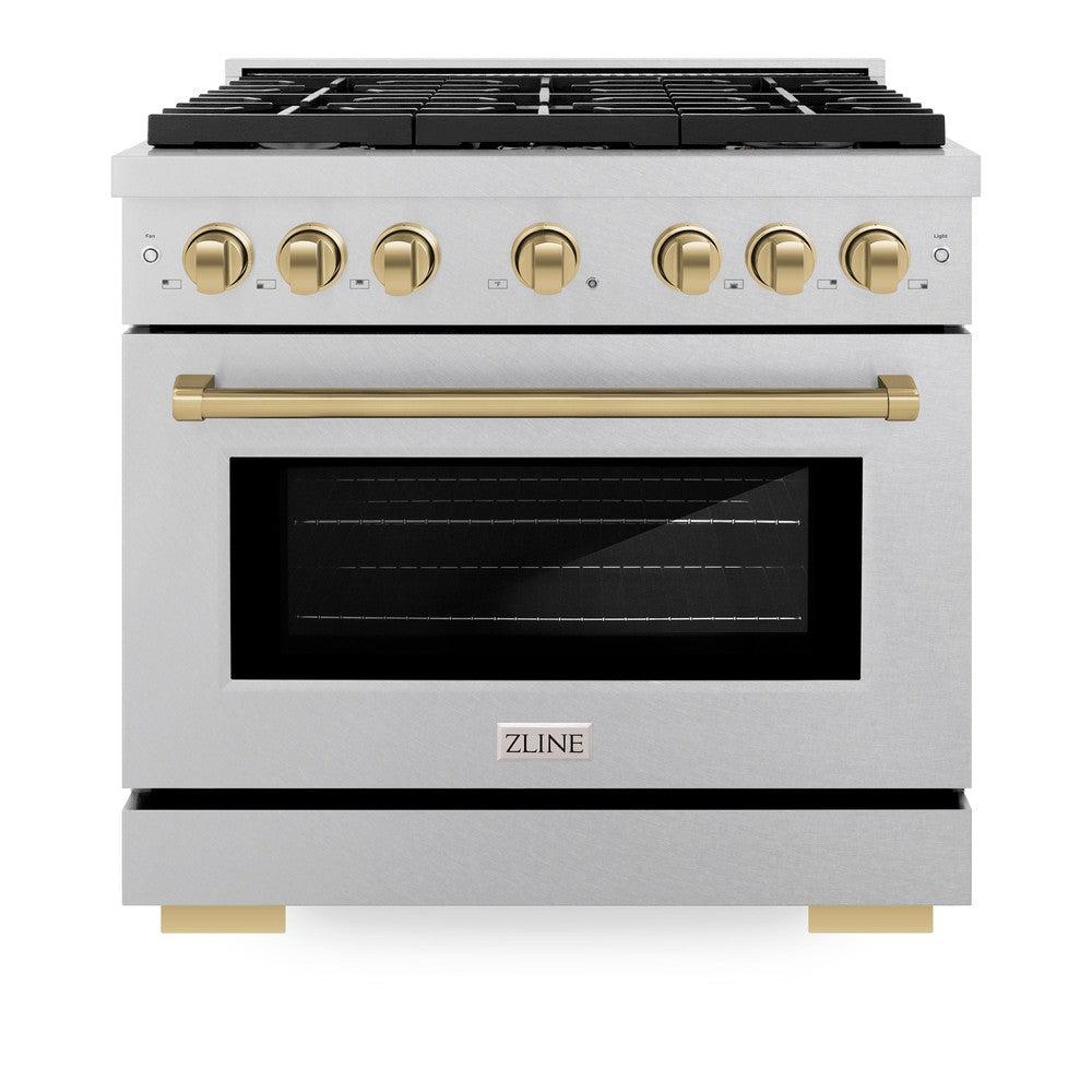 ZLINE Autograph Edition 36 in. 5.2 cu. ft. Paramount Dual Fuel Range with 6 Burner Gas Cooktop and Electric Convection Oven in DuraSnow' Stainless Steel with Champagne Bronze Accents (SDRSZ-36-CB)