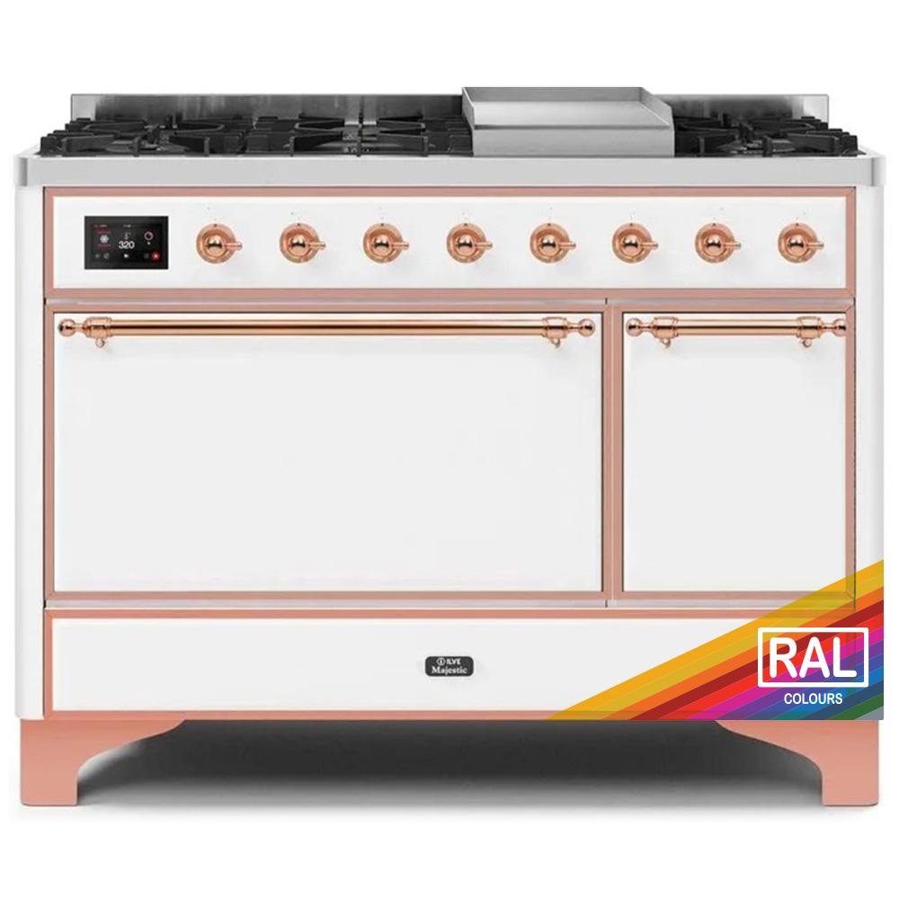 ILVE Majestic II 48 UM12FDQNS3RAP Freestanding Dual Fuel Range with 8 Sealed Burners Yes Double Oven with Solid Door in RAL Color with Copper knobs