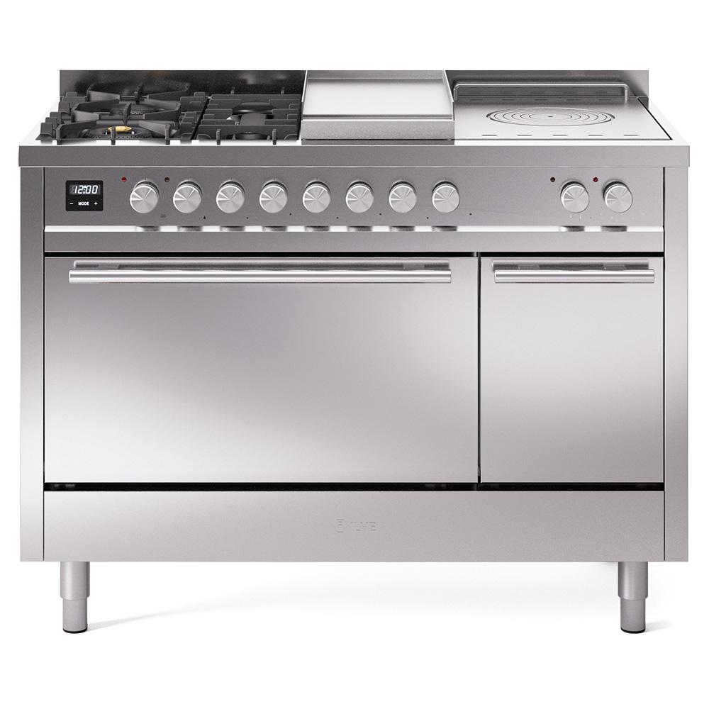 ILVE Professional Plus II 48 UP48FSQMPSS Freestanding Dual Fuel Range with 5 Sealed Burners Yes and French Top Double Oven with Solid Door in Stainless Steel with Stainless Steel knobs