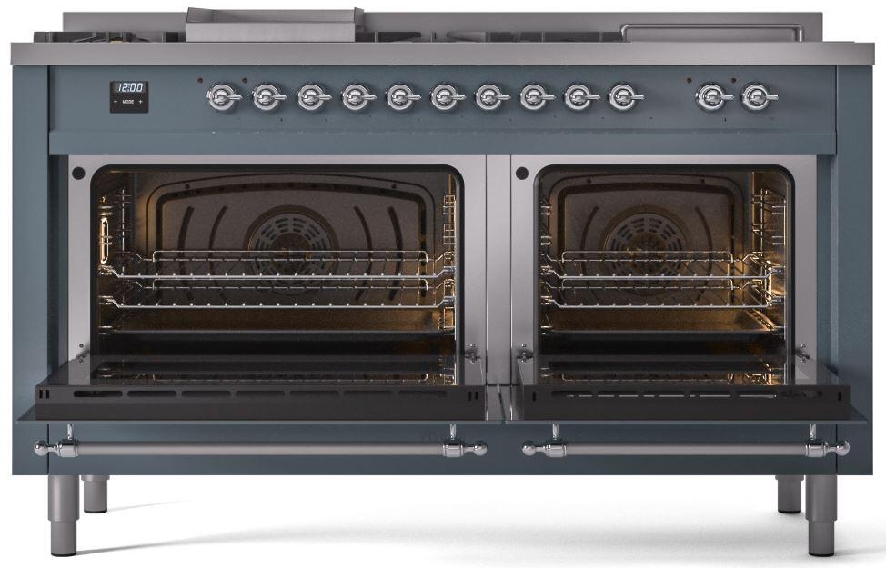 Nostalgie II 60 Inch Dual Fuel Liquid Propane Freestanding Range in Blue Grey with Chrome Trim