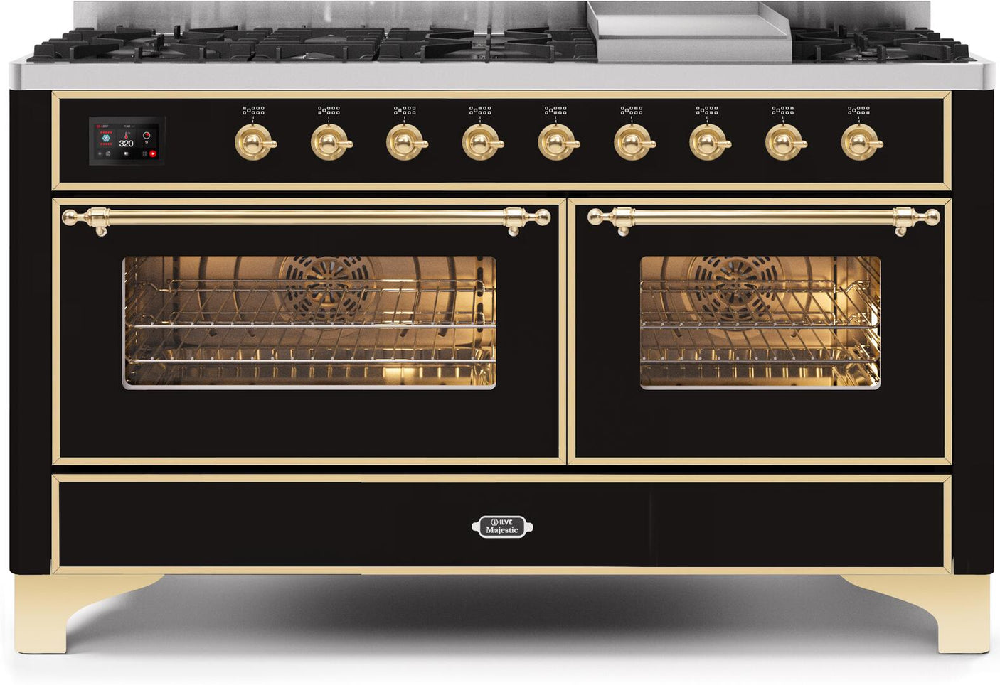 Majestic II 60 Inch Dual Fuel Natural Gas Freestanding Range in Glossy Black with Brass Trim