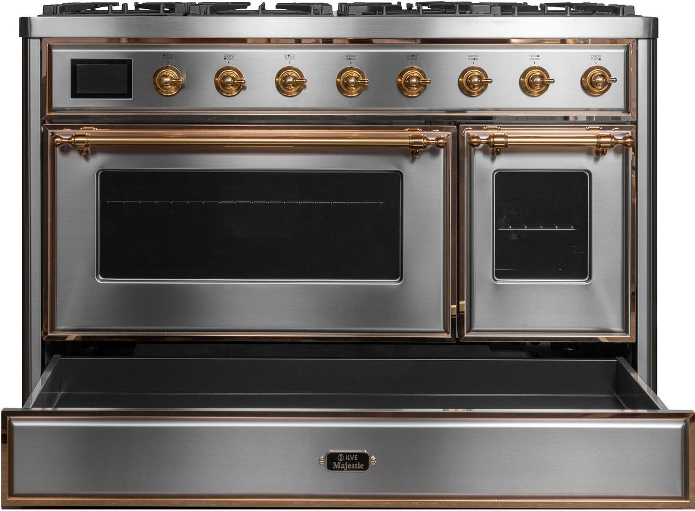 Majestic II 48 Inch Dual Fuel Natural Gas Freestanding Range in Stainless Steel with Brass Trim