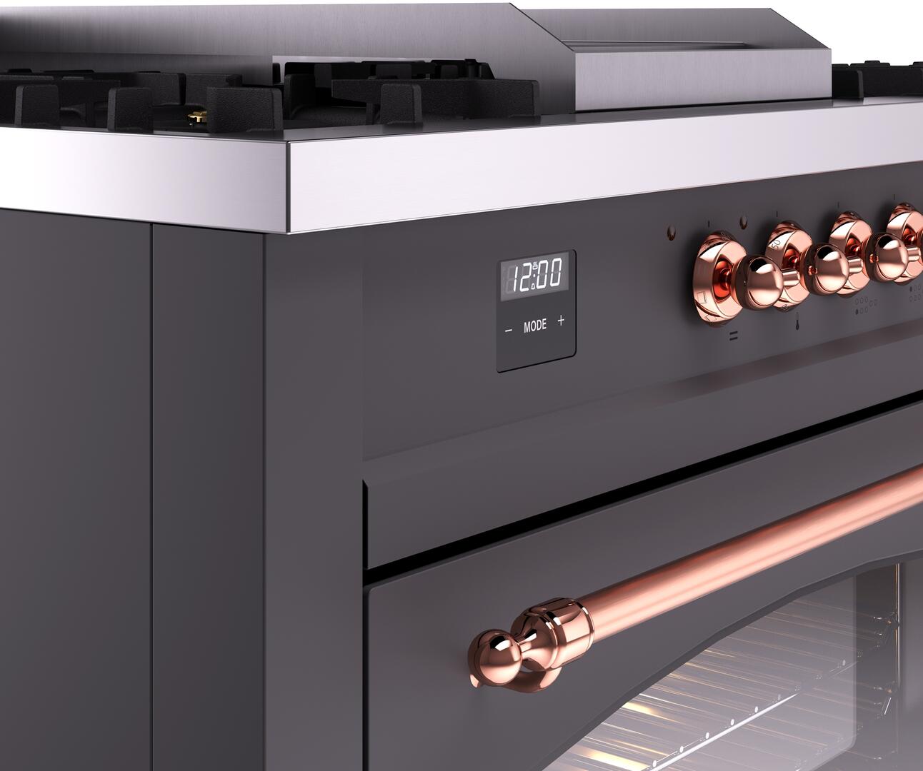 Nostalgie II 60 Inch Dual Fuel Natural Gas Freestanding Range in Matte Graphite with Copper Trim