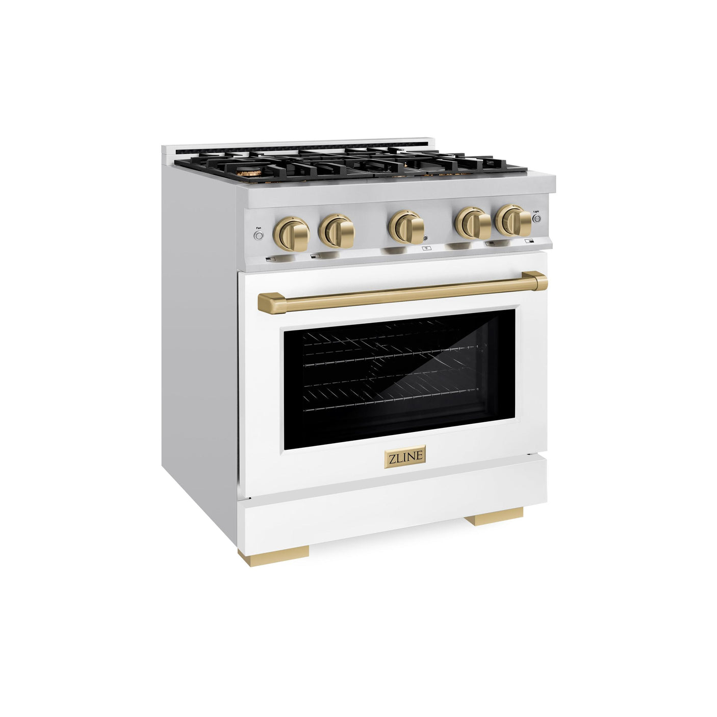 ZLINE Autograph Edition 30 in. 4.2 cu. ft. Select Dual Fuel Range with 4 Burner Gas Cooktop and Electric Convection Oven in Stainless Steel with White Matte Door and Champagne Bronze Accents (HDRZ-WM-30-CB)