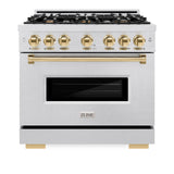 ZLINE Autograph Edition 36 in. 5.2 cu. ft. Classic Dual Fuel Range with 6 Burner Gas Cooktop and Electric Convection Oven in DuraSnow' Stainless Steel with Polished Gold Accents (CDRSZ-36-G)