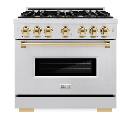 ZLINE Autograph Edition 36 in. 5.2 cu. ft. Classic Dual Fuel Range with 6 Burner Gas Cooktop and Electric Convection Oven in DuraSnow' Stainless Steel with Polished Gold Accents (CDRSZ-36-G)