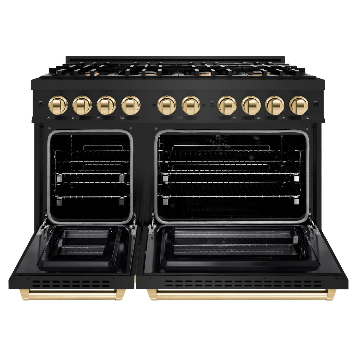 ZLINE Autograph Edition 48 in. 6.7 cu. ft. Select Double Oven Gas Range with 8 Burner Cooktop in Black Stainless Steel and Polished Gold Accents (HGRBZ-48-G)