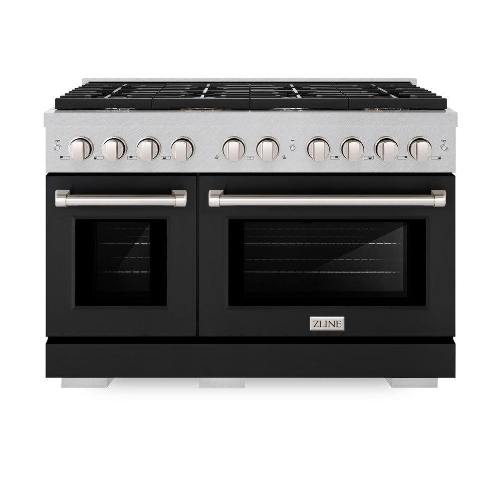 ZLINE 48 in. 6.7 cu. ft. Paramount Double Oven Dual Fuel Range with 8 Burner Gas Cooktop in DuraSnow' Stainless Steel with Black Matte Doors (SDRS-BLM-48)