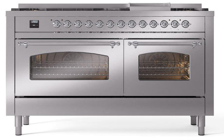 Nostalgie II 60 Inch Dual Fuel Natural Gas Freestanding Range in Stainless Steel with Chrome Trim