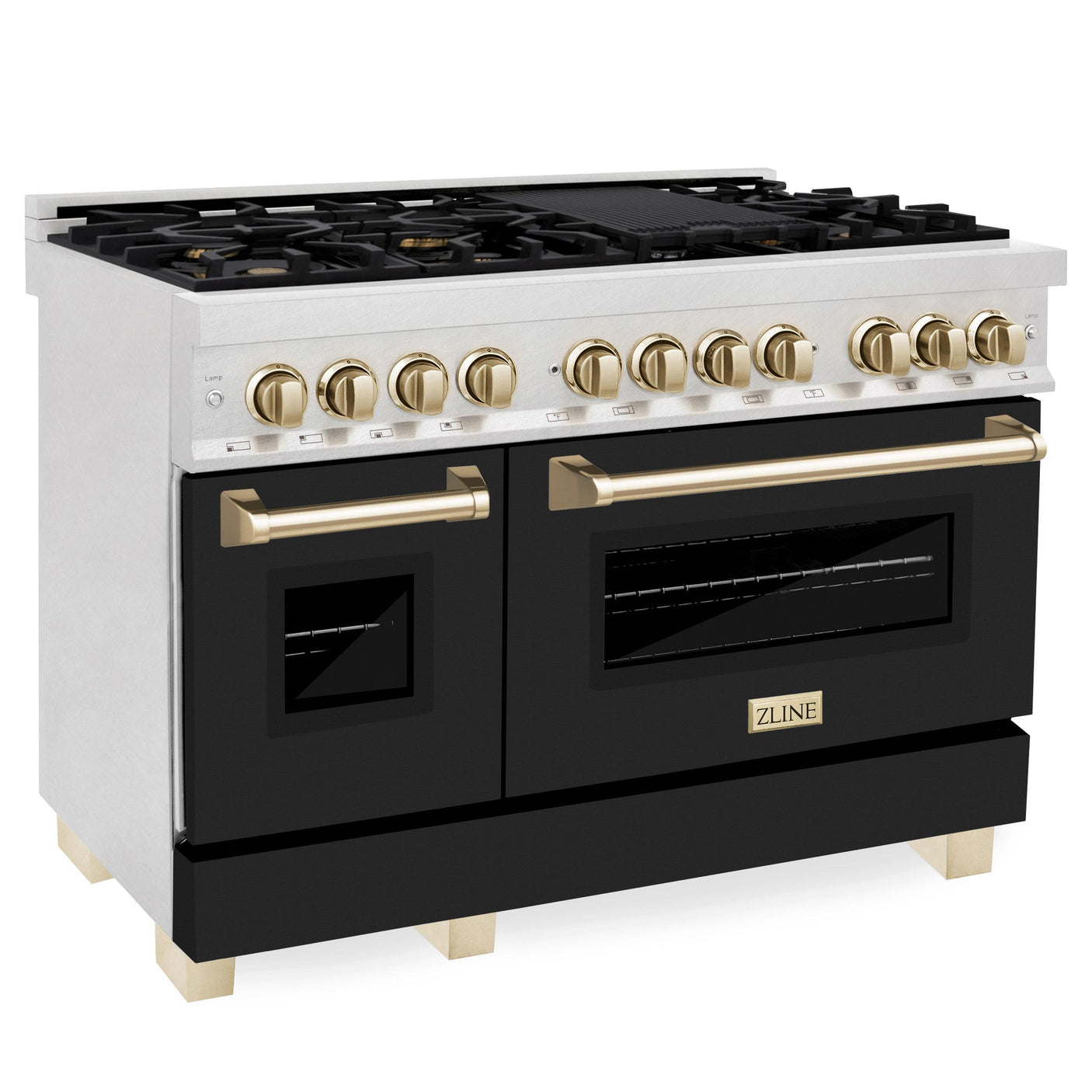 ZLINE Autograph Edition 48 in. 6.0 cu. ft. Dual Fuel Range with Gas Stove and Electric Oven in Fingerprint Resistant Stainless Steel with Black Matte Door and Polished Gold Accents (RASZ-BLM-48-G)