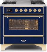 Majestic II 36 Inch Dual Fuel Liquid Propane Freestanding Range in Blue with Brass Trim