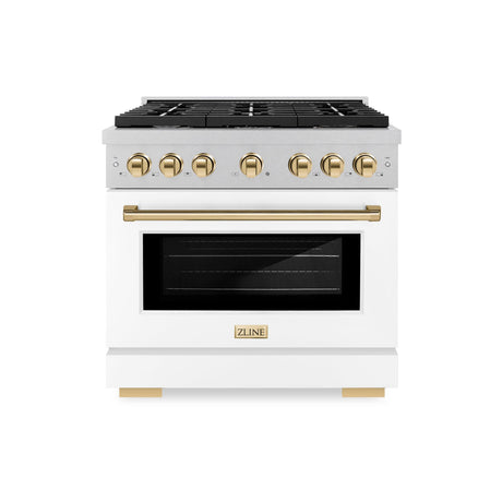 ZLINE Autograph Edition 36 in. 5.2 cu. ft. Paramount Dual Fuel Range with 6 Burner Gas Cooktop and Electric Convection Oven in DuraSnow' Stainless Steel with White Matte Door and Polished Gold Accents (SDRSZ-WM-36-G)