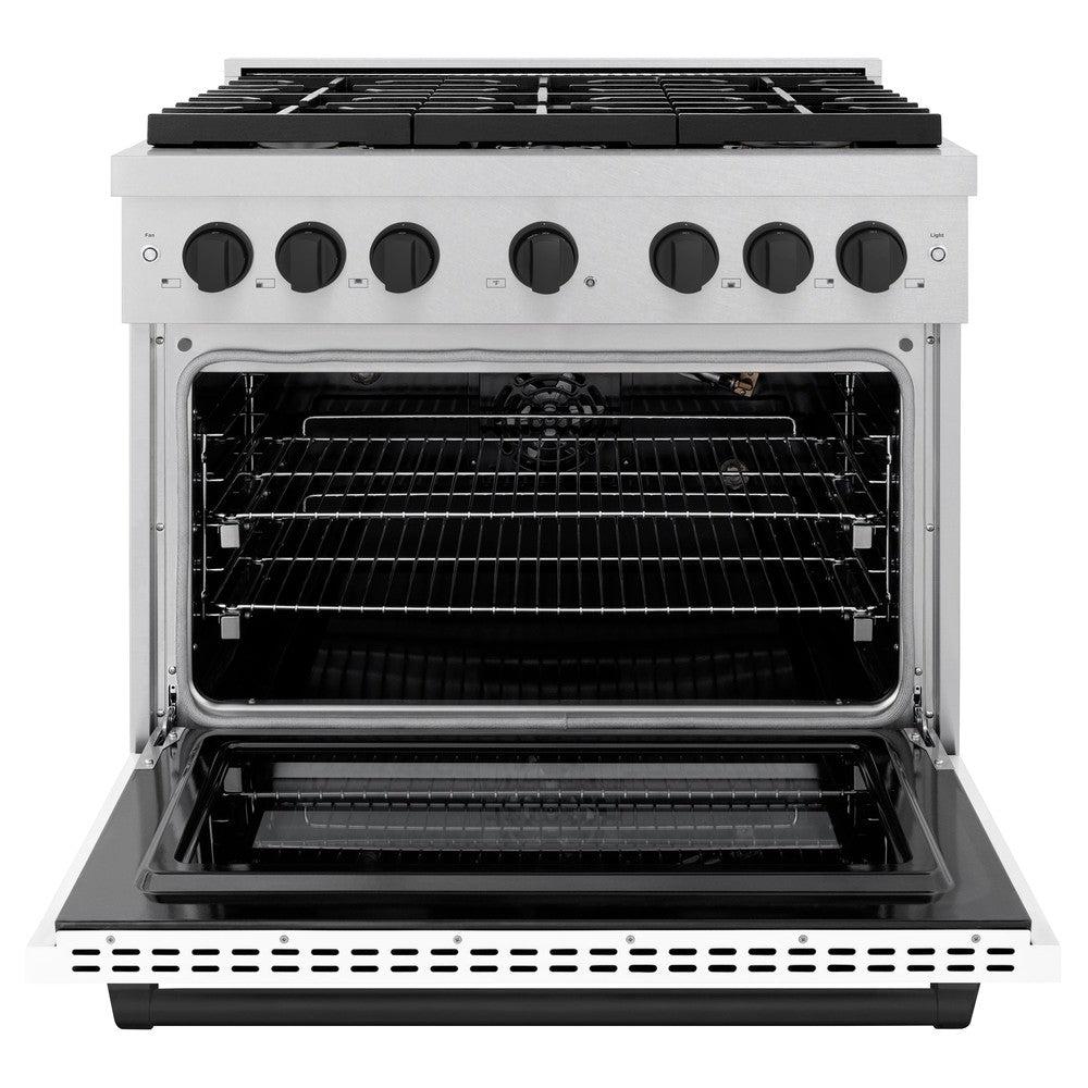 ZLINE Autograph Edition 36 in. 5.2 cu. ft. Paramount Dual Fuel Range with 6 Burner Gas Cooktop and Electric Convection Oven in DuraSnow' Stainless Steel with White Matte Door and Matte Black Accents (SDRSZ-WM-36-MB)