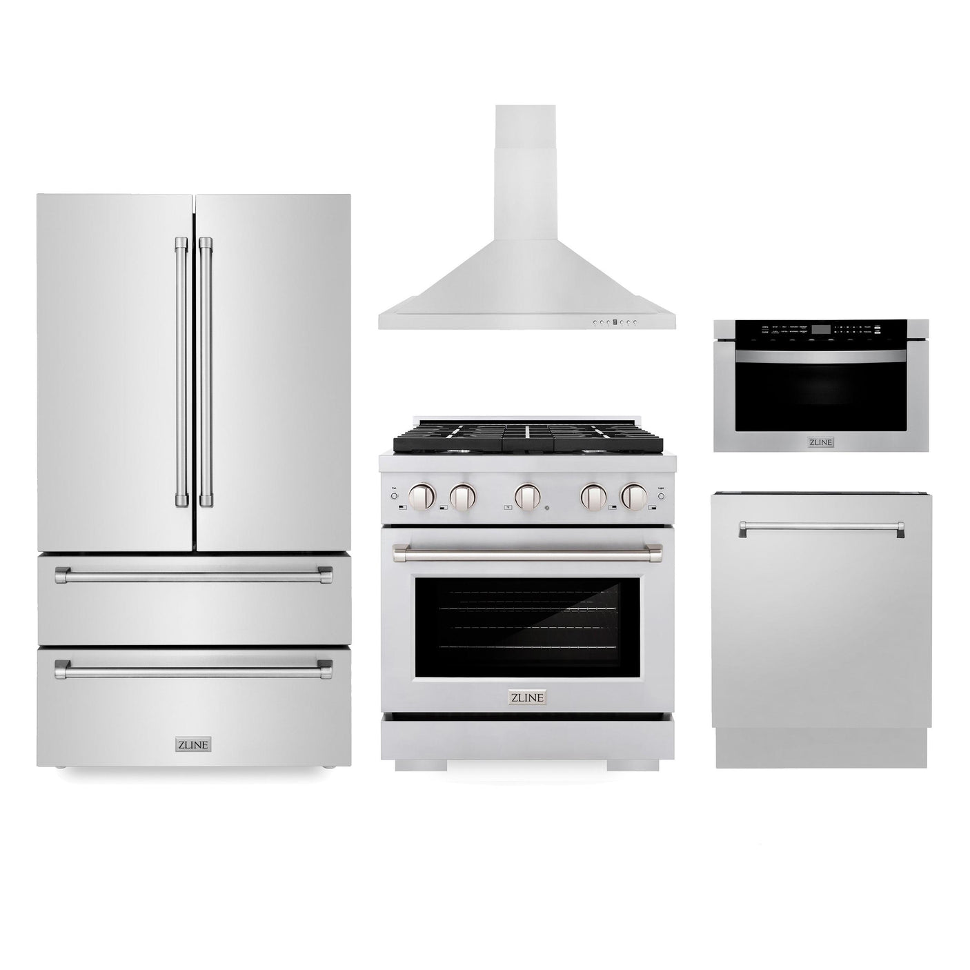 ZLINE Kitchen Package with Refrigeration, 30" Stainless Steel Gas Range, 30" Range Hood, Microwave Drawer, and 24" Tall Tub Dishwasher (5KPR-SGRRH30-MWDWV)