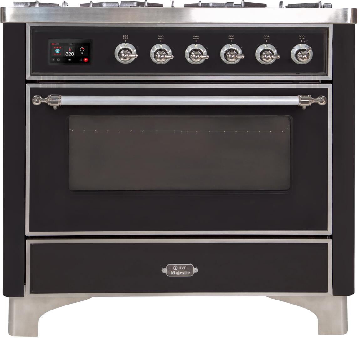 Majestic II 36 Inch Dual Fuel Liquid Propane Freestanding Range in Glossy Black with Chrome Trim