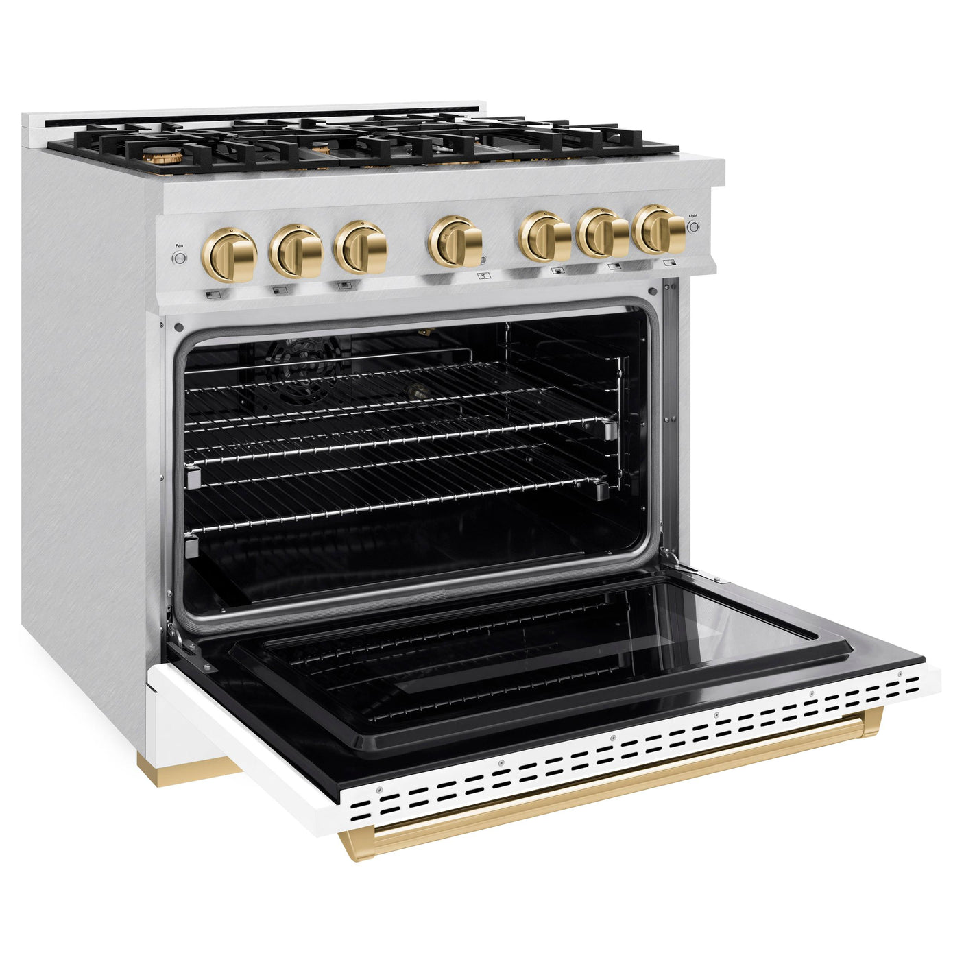 ZLINE Autograph Edition 36 in. 5.2 cu. ft. Classic Gas Range with 6 Burner Cooktop and Convection Gas Oven in DuraSnow' Stainless Steel with White Matte Door and Polished Gold Accents (CGRSZ-WM-36-G)