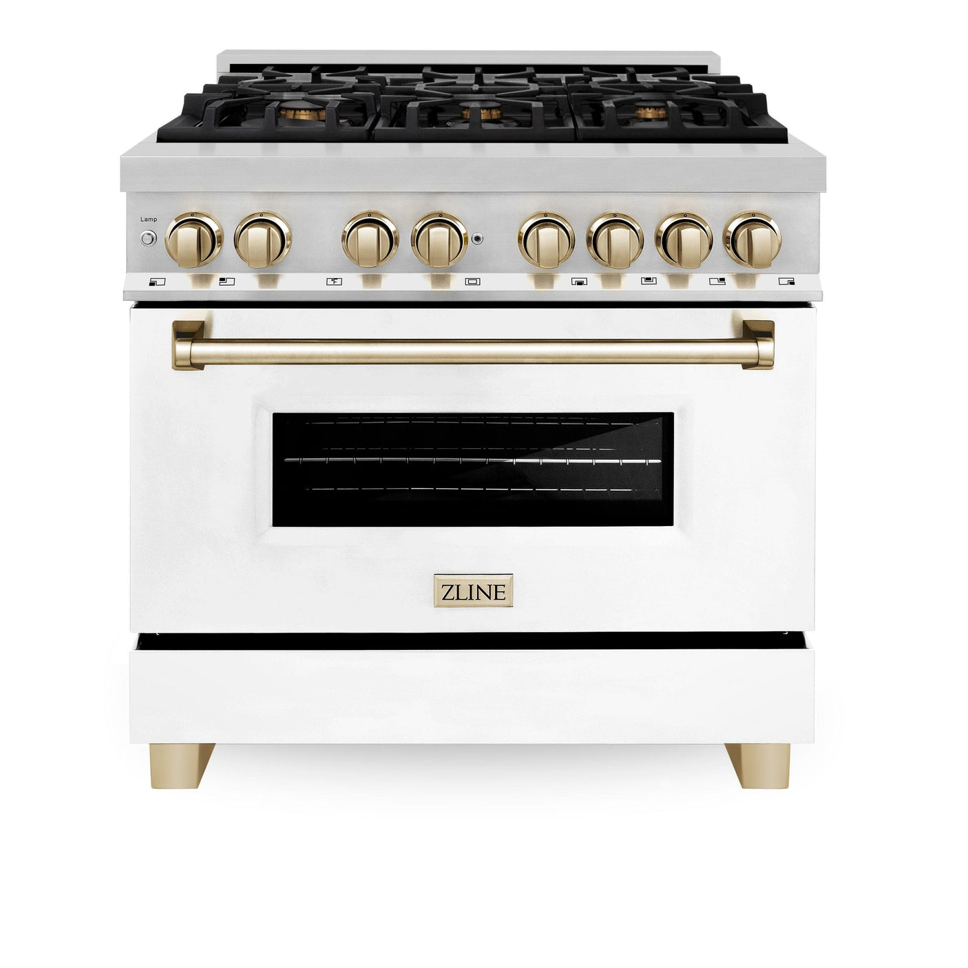 ZLINE Autograph Edition 36" 4.6 cu. ft. Dual Fuel Range with Gas Stove and Electric Oven in Stainless Steel with White Matte Door and Accents (RAZ-WM-36) [Color: Polished Gold Accents]